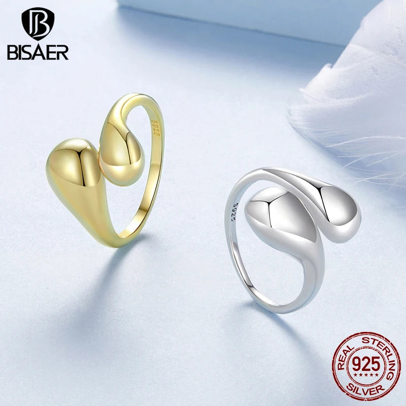 BISAER 925 Sterling Silver Water Droplet Open Ring Metal Statement Band Adjustable 18K Gold-Plated for OL Women Fine Jewelry