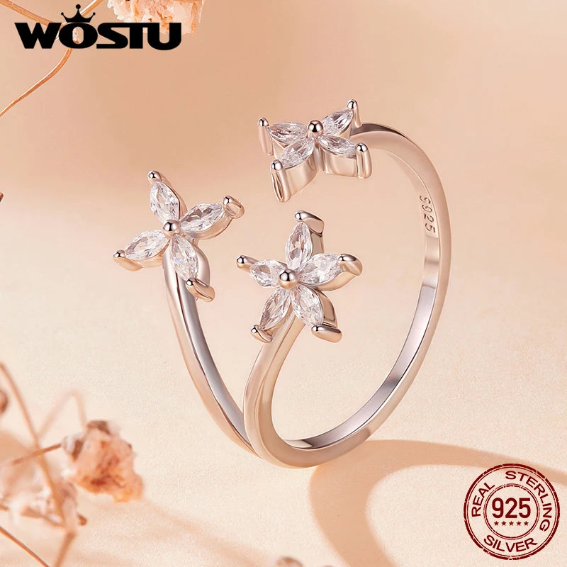 WOSTU 925 Sterling Silver Three Flower Open Ring For Women , Newest s925 Jewelry Gift Shiny AAA Zircon Stacking Leaf Rings R710