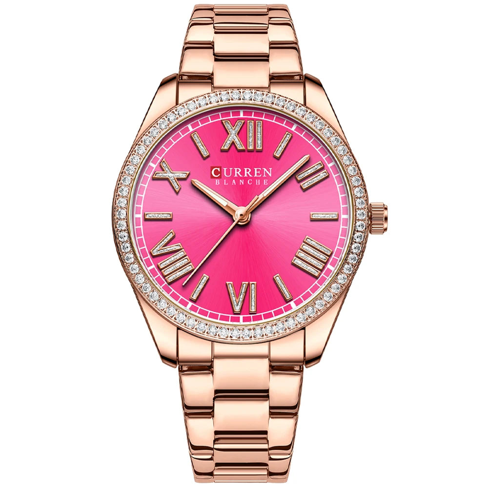 CURREN NEW Luxury Stainless Steel Wristwatches for Ladies Romantic Rose Pink with Rhinestones Roman Numeral Dial