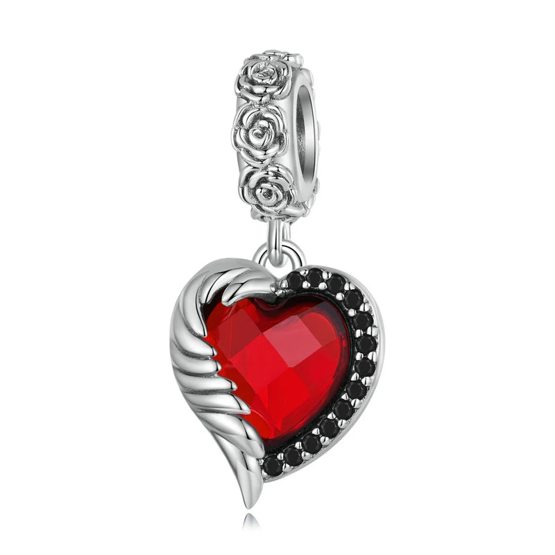 BISAER 925 Sterling Silver Red Love Charm Bead Koi Apple Cherry Mushroom Chili Ace Heart Pendant For Women DIY Bracelet Jewelry