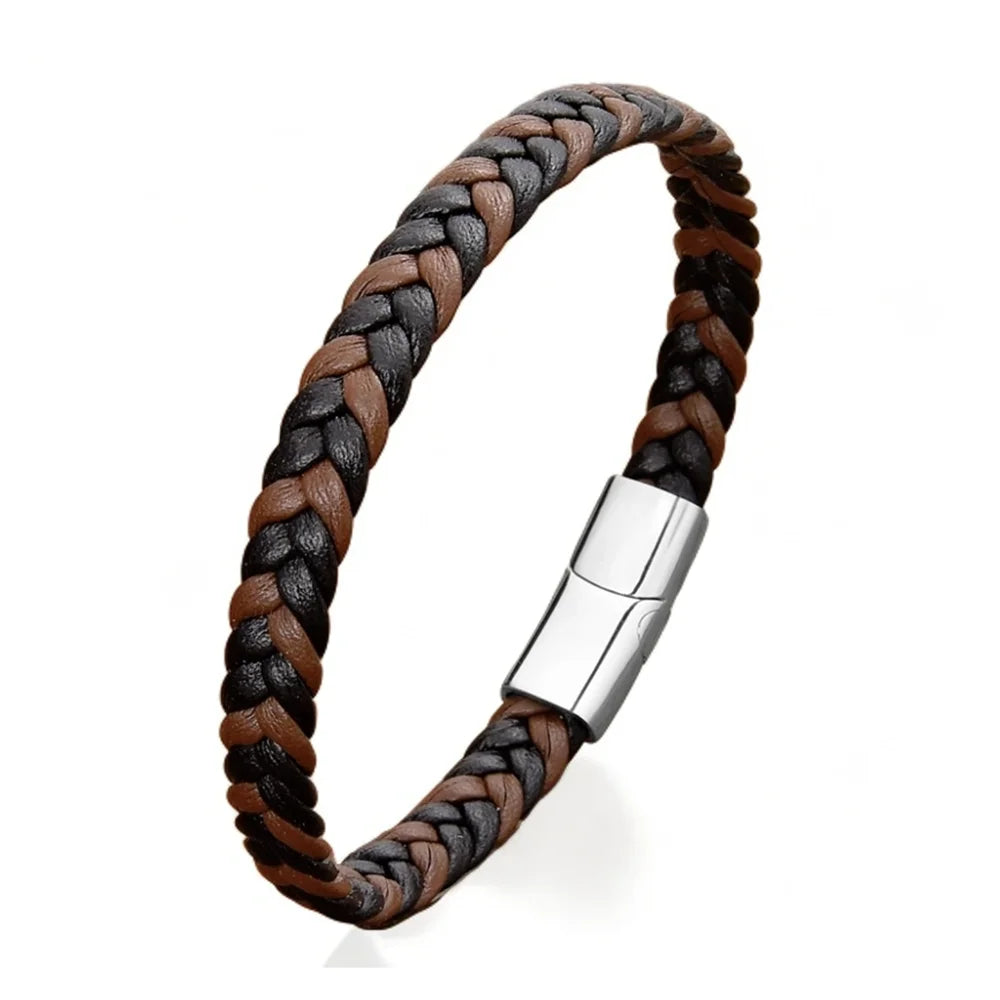 MKENDN Simple Classic Stainless Steel Bracelet for Women Men Genuine Braided Leather Bangles Special Couple Jewelry Gift