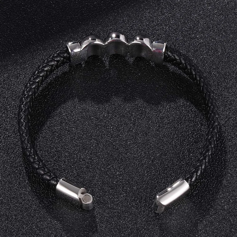 MKENDN Stainless Steel Genuine Leather Bracelet Cool Skull Skeleton Head Bangle Black Braided Viking Bracelet For Men Jewelry