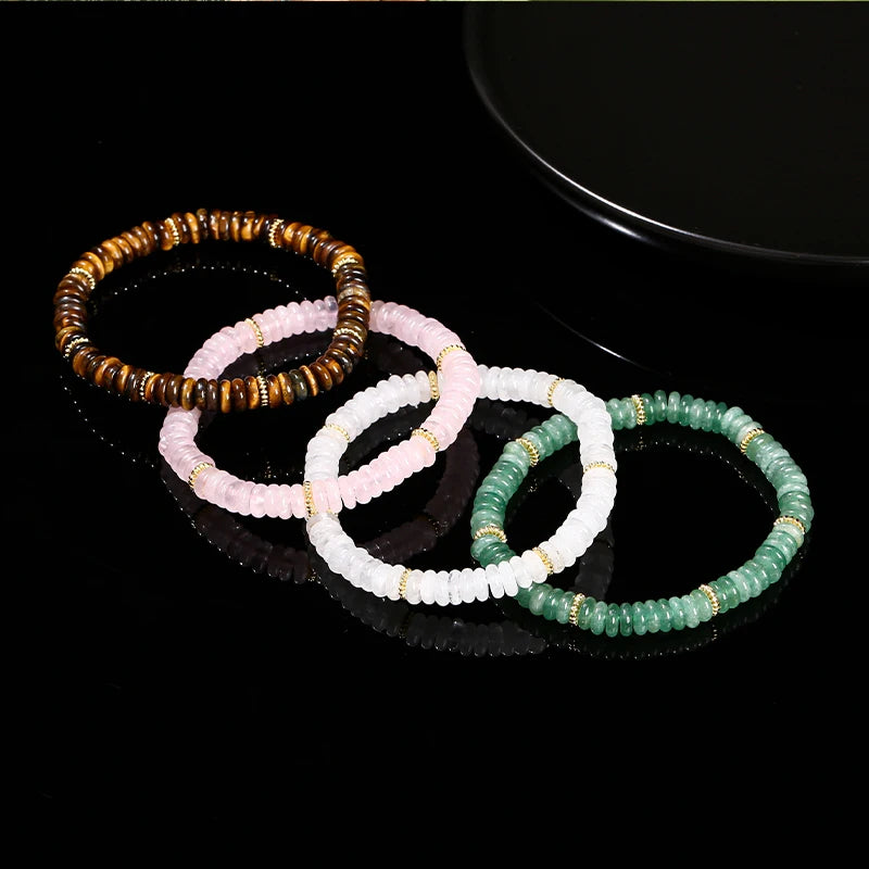 JD Natural Stone Green Aventurine Pink Quartz Flat Spacer Beads Bracelet Women Men Bohe Elastic Bangles Healing Friendship Gift - Madeinsea©