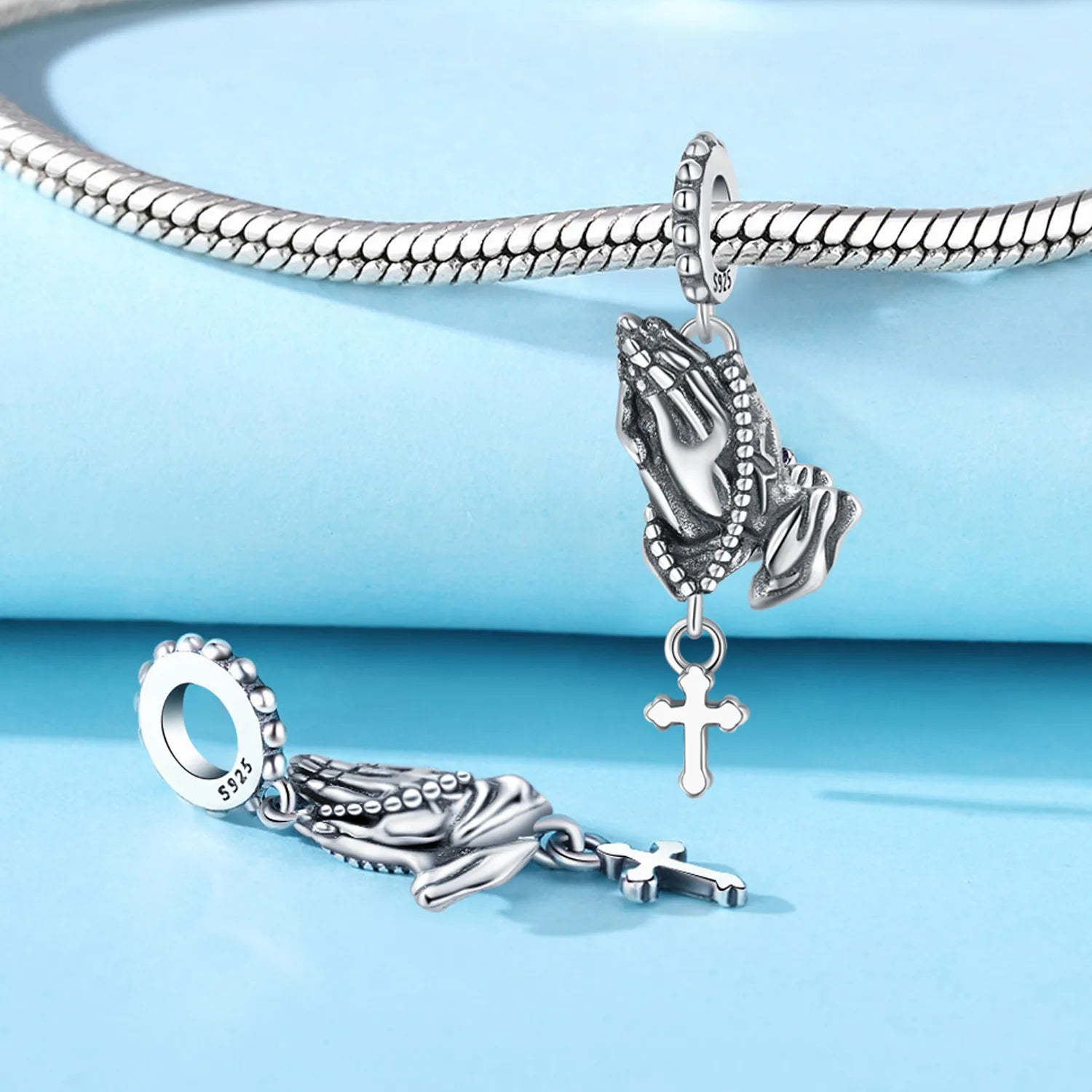 PANPOKI 925 Sterling Silver Prayer Hand Pendant Beads Fit Women Bracelets Charms DIY Birthday Party Gifts Jewelry Accessory