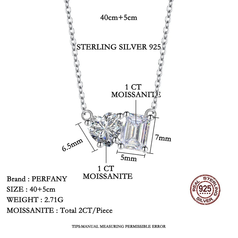 PERFANY Radiant Emerald Cut 2CT Moissanite Necklace for Women S925 Pure Silver Heart Diamond Pendant Fashion Wedding Jewelry - Madeinsea©