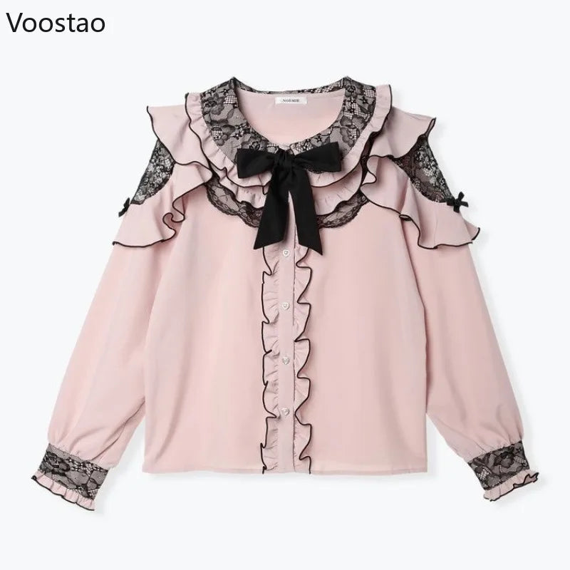 Japanese Gothic Lolita Shirt Women Y2k Aesthetic Sweet Bow Lace Ruffles Long Sleeve Blouse Women Harajuku Elegant Clothes Tops