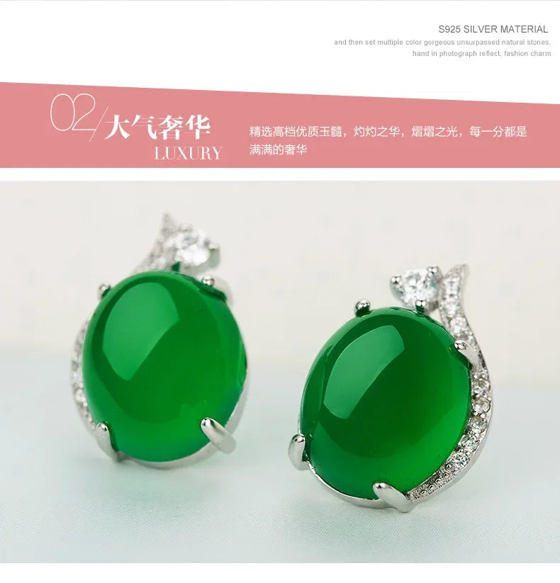 Real Agate Jewelry Stud Earrings for Women Silver S925 Round Simple Crown Jade Earrings Fine Valentine Jewelry 925 for Women