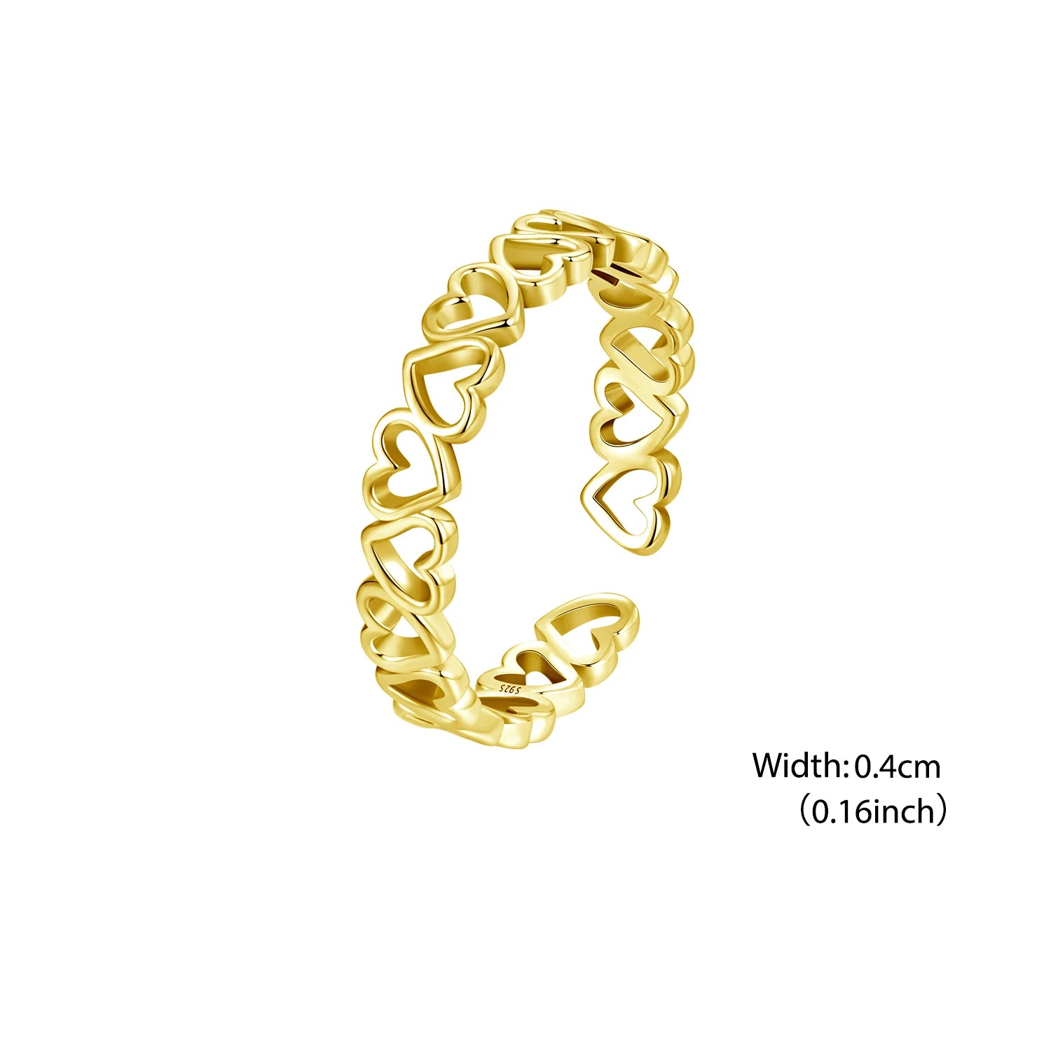 BISAER 925 Sterling Silver Hollow Heart Open Ring Eternal Love Band Adjustable Size 5-9 Plated Gold for Women Party Fine Jewelry