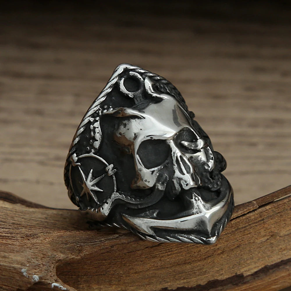 Unique Pirate Octopus Anchor Adsorption Compass Ring For Men 316L Stainless Steel Gothic Pirate Punk Skull Biker Ring Wholesale