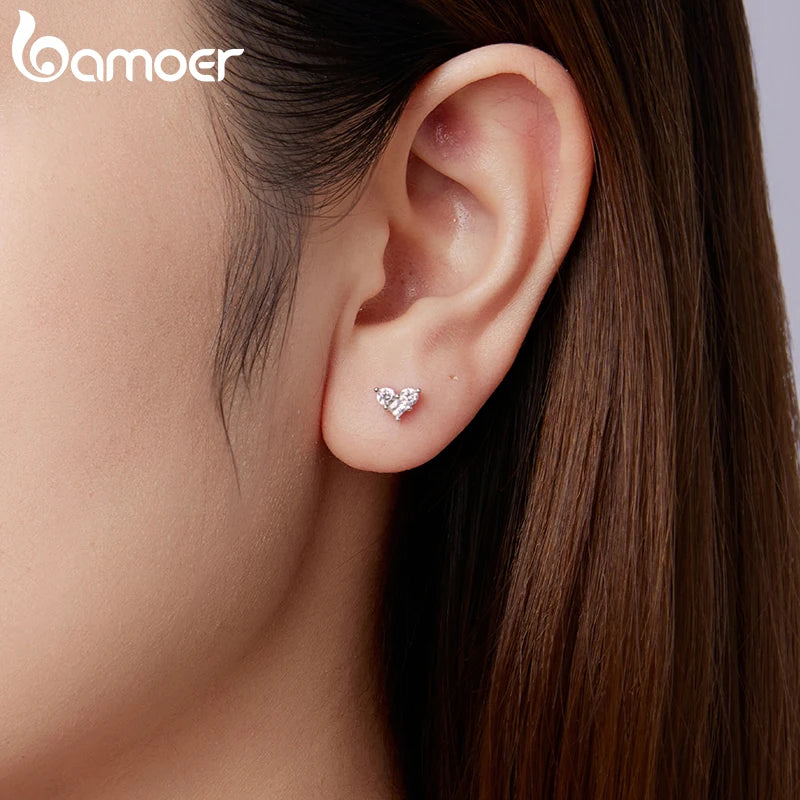 BAMOER 925 Sterling Silver Heart-Shape Stud Earrings Mini 3 Stones Arranged Shining CZ Earrings for Women Teens Girl Party Gift