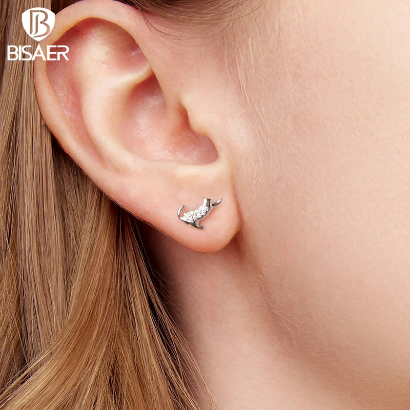 BISAER 925 Sterling Silver Cute Cat Stud Earrings Pet Dog Hypoallergenic Earrings Plated White Gold for Women Fine Jewelry Gift