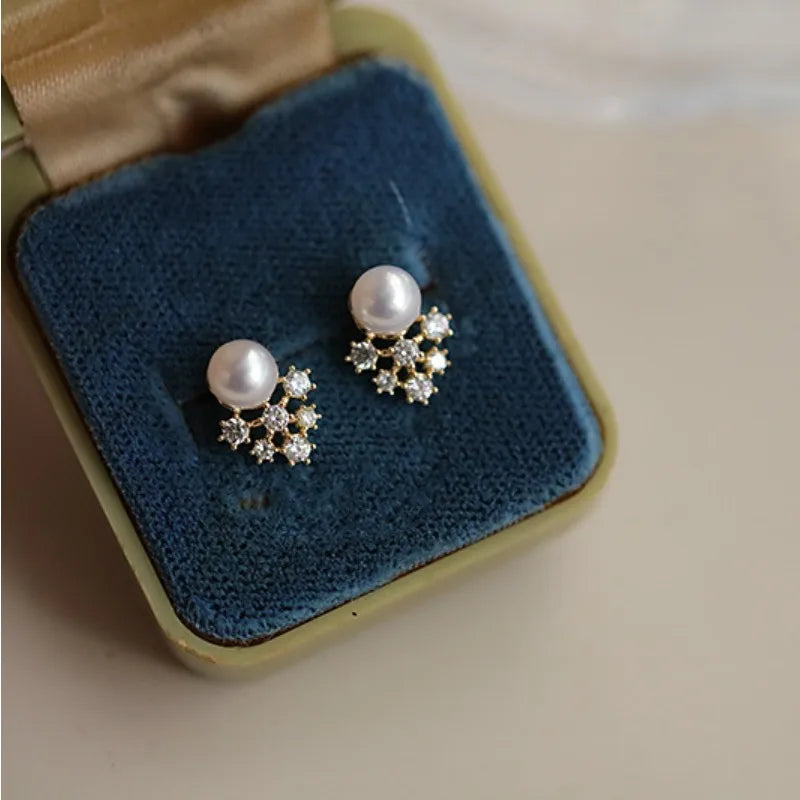 925 Sterling Silver Inlay Zircon Pearl Geometry Stud Earrings for Women  Exquisite Temperament Jewelry Accessories