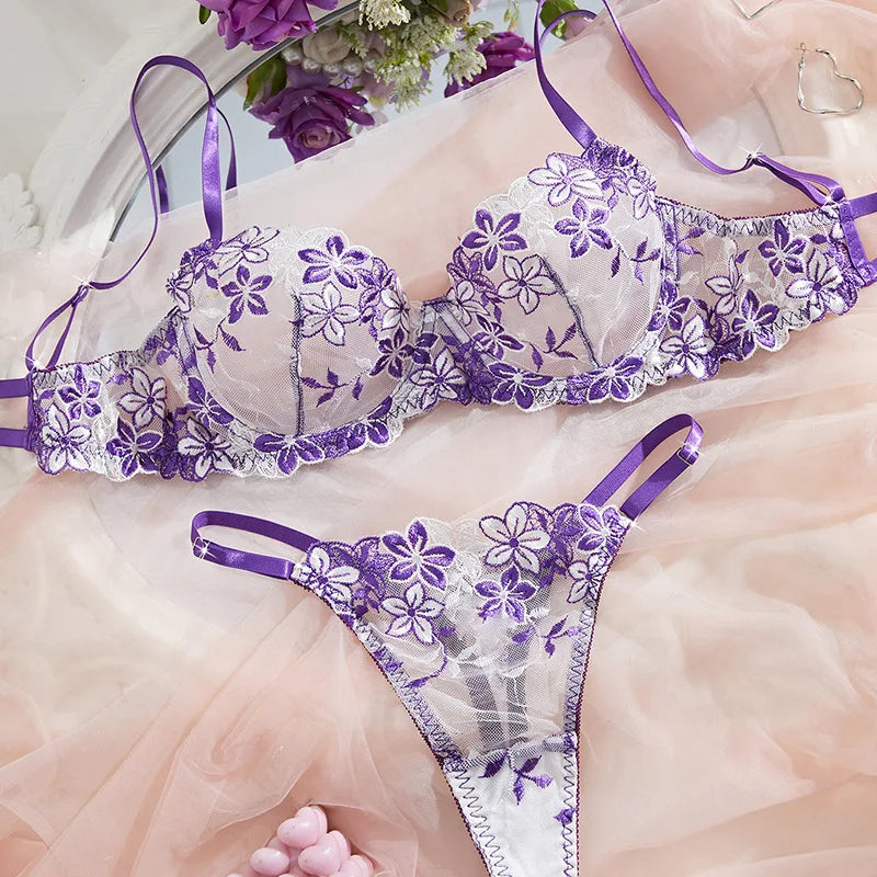 Sexy Female Lingerie Ultra Thin Bra Set Romantic Underwear Beautiful Embroidery Lace Lingerie Translucent Underwear Erotic Sets