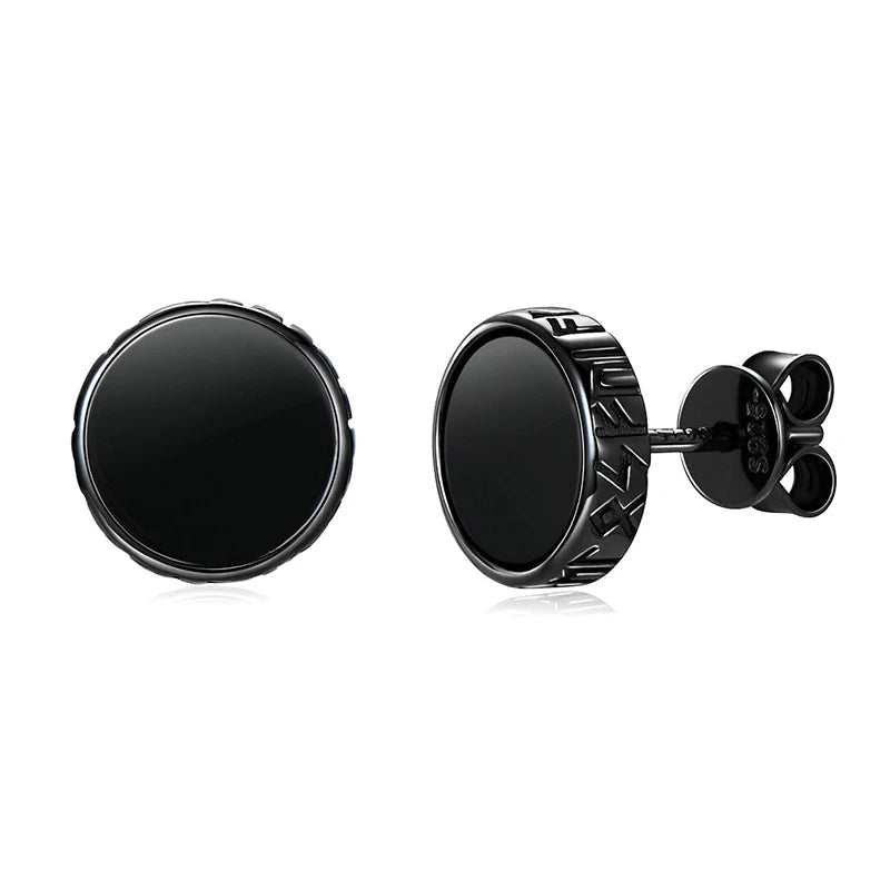 Nordic Viking Rune Personalized 8mm Natural Black Agate Ear Stud 925 Sterling Silver Men Women Hiphop Earrings Fashion Gift