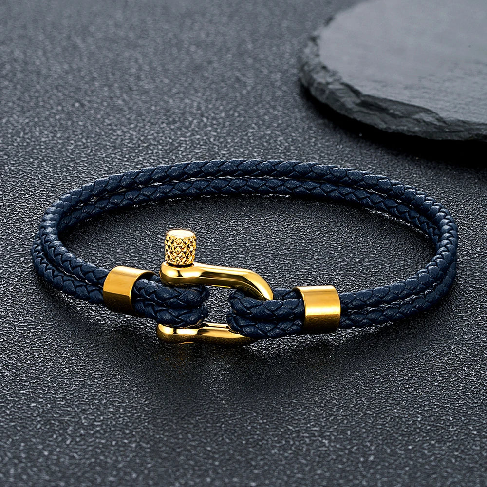 MKENDN Gold Plated Stainless Steel Shackle Bracelet Men Women Simple Double Layer Braided Blue Leather Bracelets Handmade Gifts