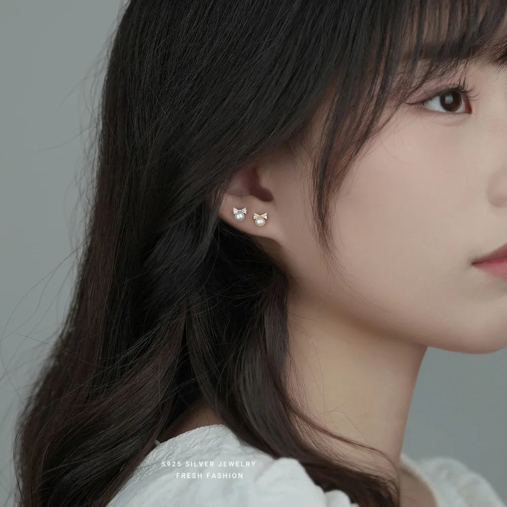 Korea Exquisite Vintage Zircon Pearl Bow Sweet Stud Earrings for Women 925 Sterling Silver Jewelry