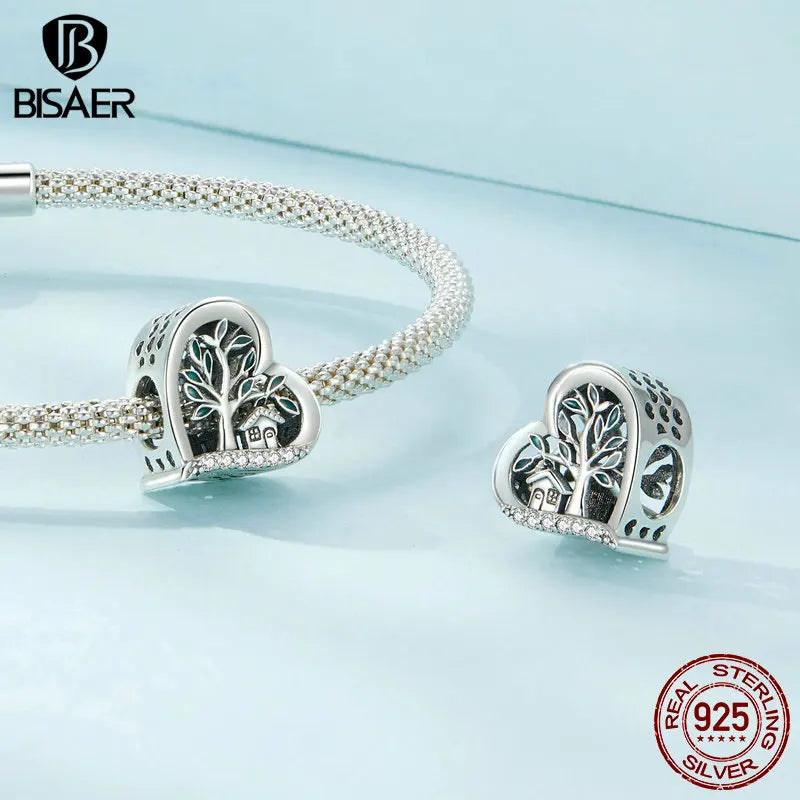 BISAER 925 Sterling Silver Eternal Love Family Charm Bead Lock Key Heat Mom Pendant For Women DIY Bracelets Fine Jewelry Gift