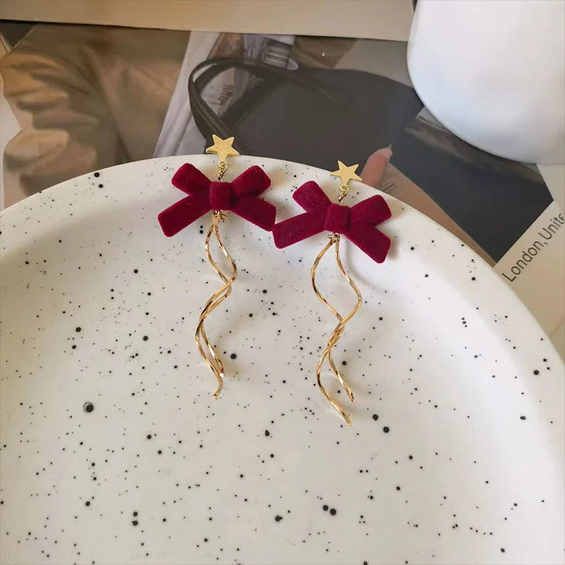 Christmas Red Bow Drop Earring For Women Exquisite Temperament Bowknot Snowflake Long Earrings Girls New Year Party Jewelry Gift