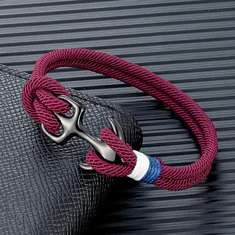 MKENDN Schwarzes Ankerarmband für Damen und Herren, zweireihiges Armband aus nautischem Seil, Sportschließe aus Edelstahl, maritimer Schmuck