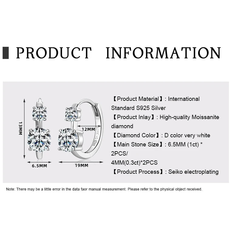 OXTAO 6.5mm D color Moissanite Hoop Stud Earrings for Women Real 925 Silver Wedding Jewelry Gift 14K Plated with GRA Certificate