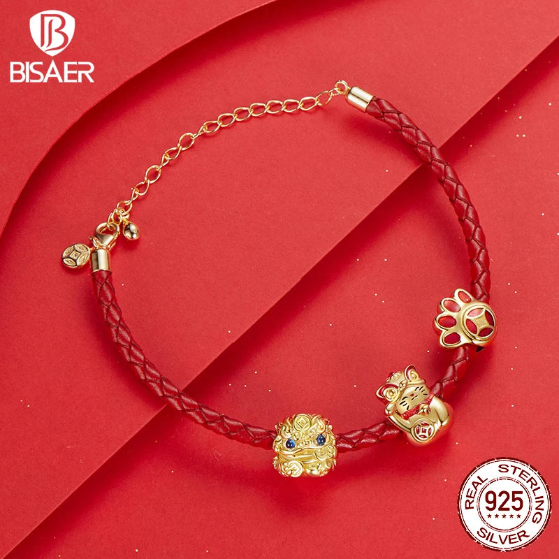 BISAER 925 Sterling Silver Lucky Koi Cat Pawprint Charm Bead Weaved Bag Pendentif Plaqué Or Fit Femmes DIY Bracelet Fine Jewelry