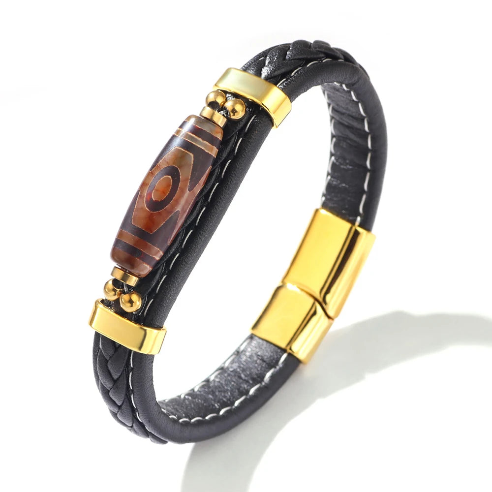 MKENDN Charm Herrenarmband, tibetischer Buddhismus, neunäugiges Dzi-Perlenarmband, Lederarmband, Edelstahl-Accessoires, Glücksarmband