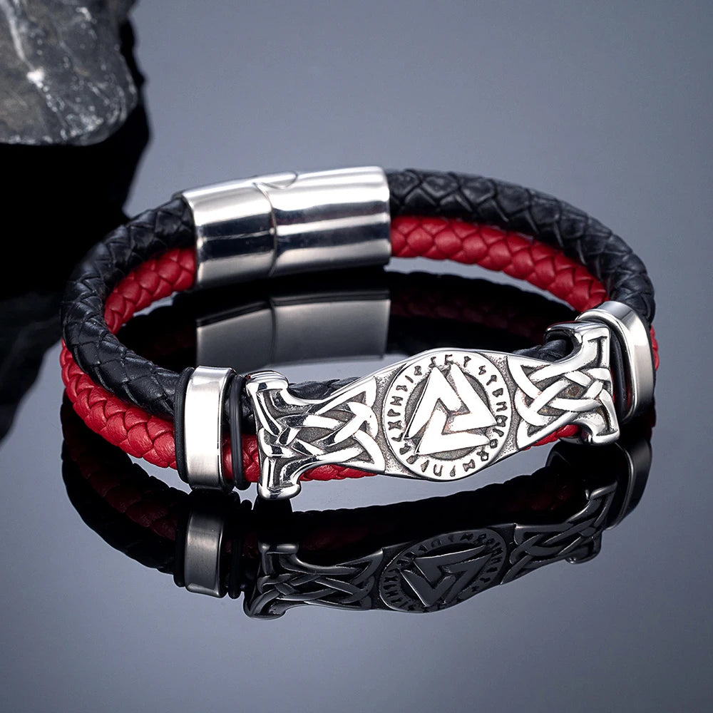 MKENDN Norse Viking Style Stainless Steel Compass Runes Amulet Braided Doublelayer Red Black Leather Bracelet Homme Pulseras