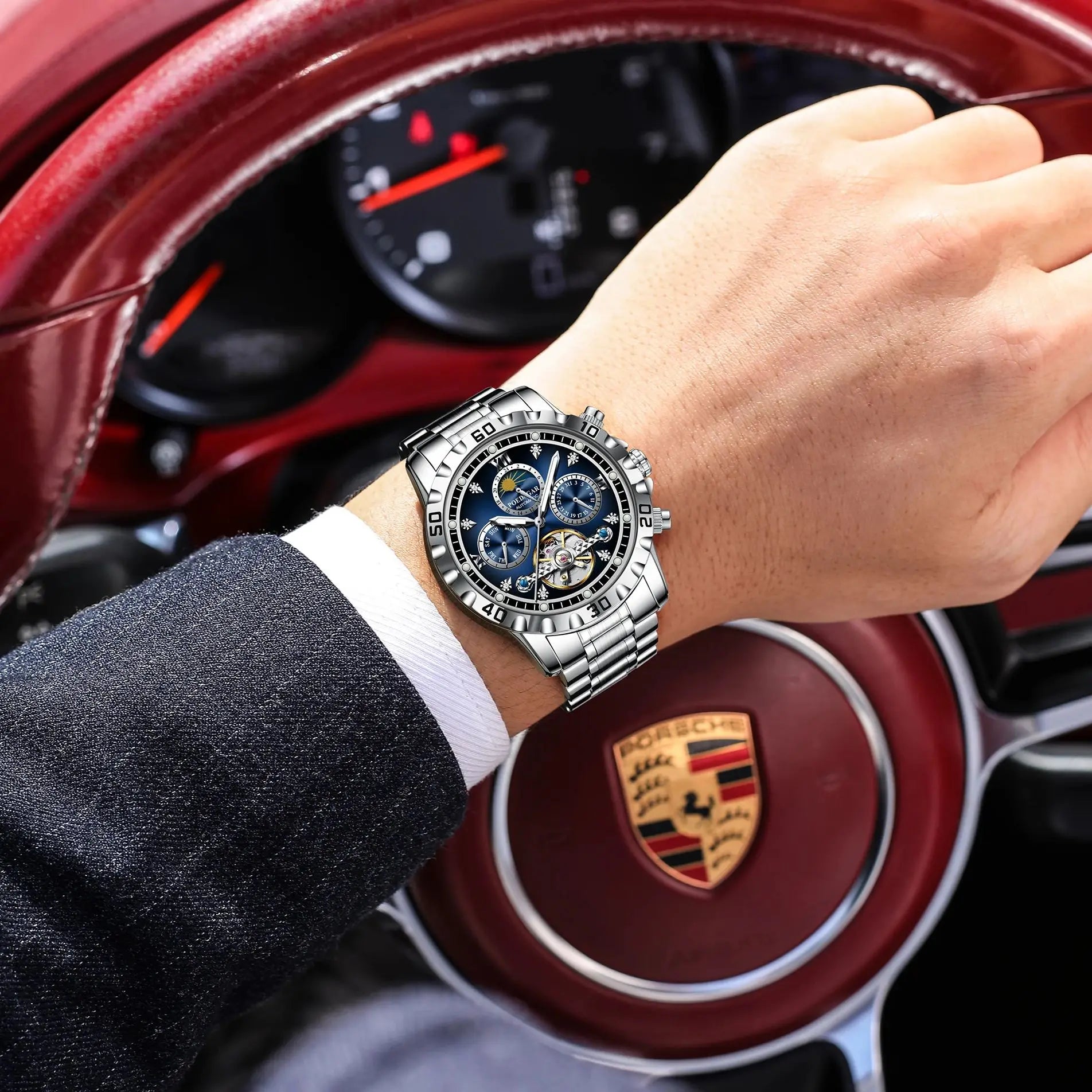 POEDAGAR Business Top Watch For Man Hollow Tourbillon Automatic Men's Watches Date Week Mechanical Stainless Steel Men Clock+Box