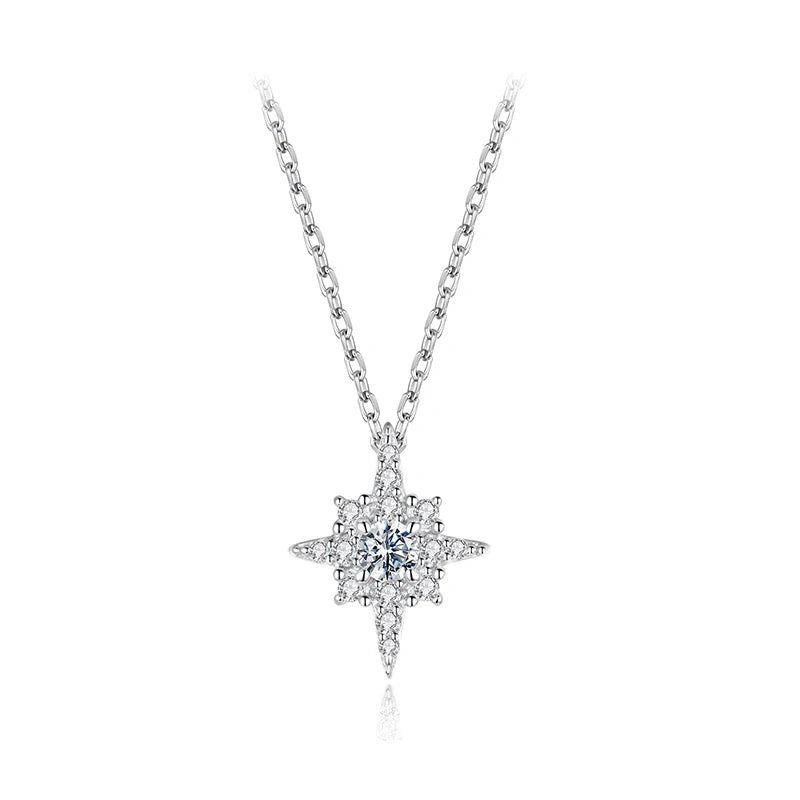 BAMOER Starburst Moissanite Necklace for Women, 925 Sterling Silver Plated 18K White Gold Star Pendant Necklace Dazzling Gift