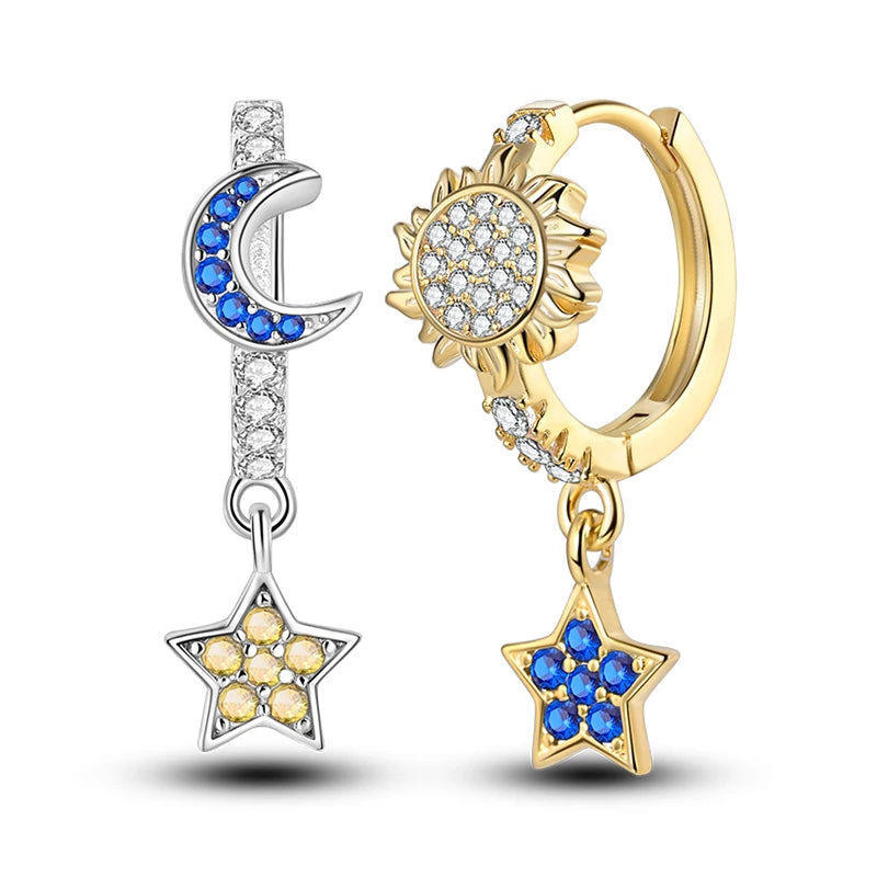 Classic Earrings 925 Silver Zircon Shiny Stars Moon Warm Sun Double Hoop Earrings For Women Original Birthday Party Jewelry Gift