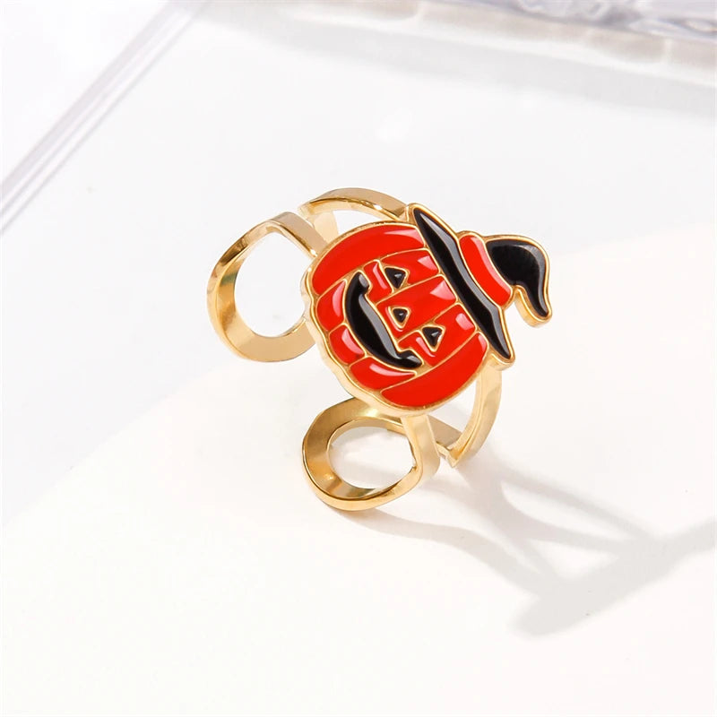 Niche Design Halloween Stainless Steel Ring For Women Cute Cartoon Ghost Pumpkin Skull Bat Adjustable Finger Ring Party Jewelry