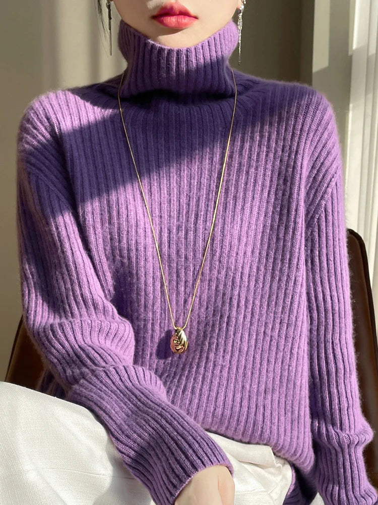 Women 100% Merino Wool Sweater Turtleneck Knitted Vertical Stripes Pullover Autumn Winter Thickened Cashmere Casual Knitwear Top