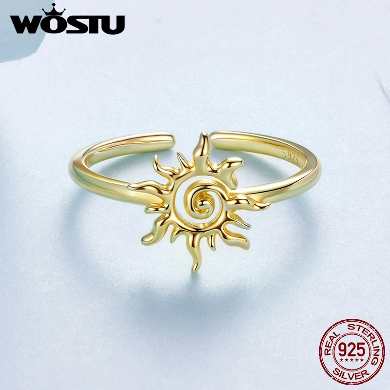 WOSTU 925 Sterling Sliver Golden Sun Open Ring For Women , 18K Gold Plate Sun Adjustable Rings Stacking Xmas Holiday Punk Gift
