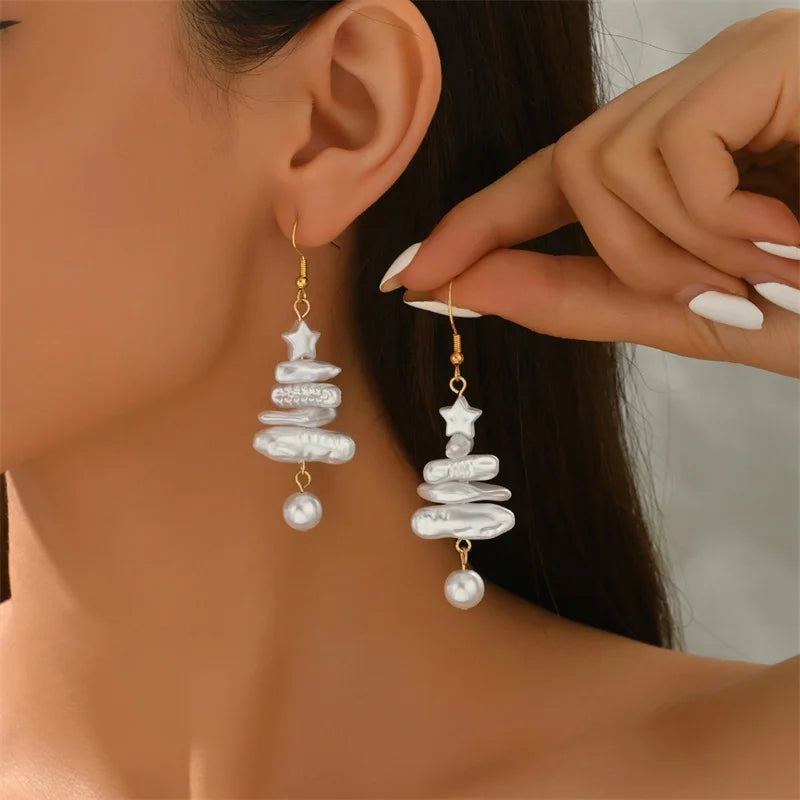 Exquisite Zircon Snowflake Pearl Earrings for Women Shiny Crystal Xmas Tree Round Ball Hanging Earring Christmas Daily Jewelry