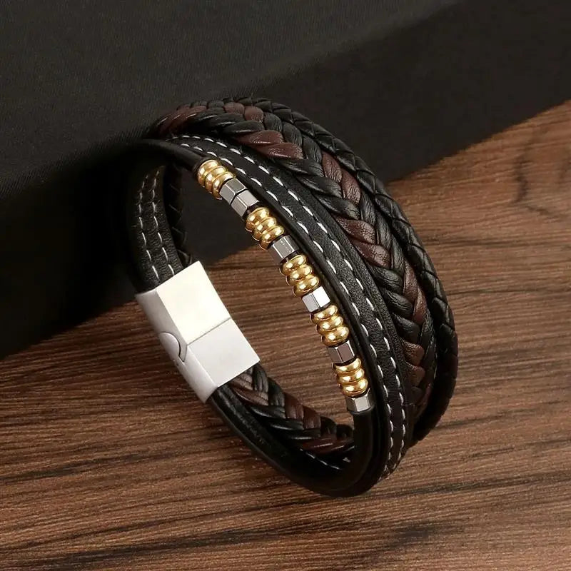Jiayiqi New Design Punk Leather Bracelet Men Fashion Beaded Multi-Layer Leather Bracelet For Men New Year Jewelry Gift