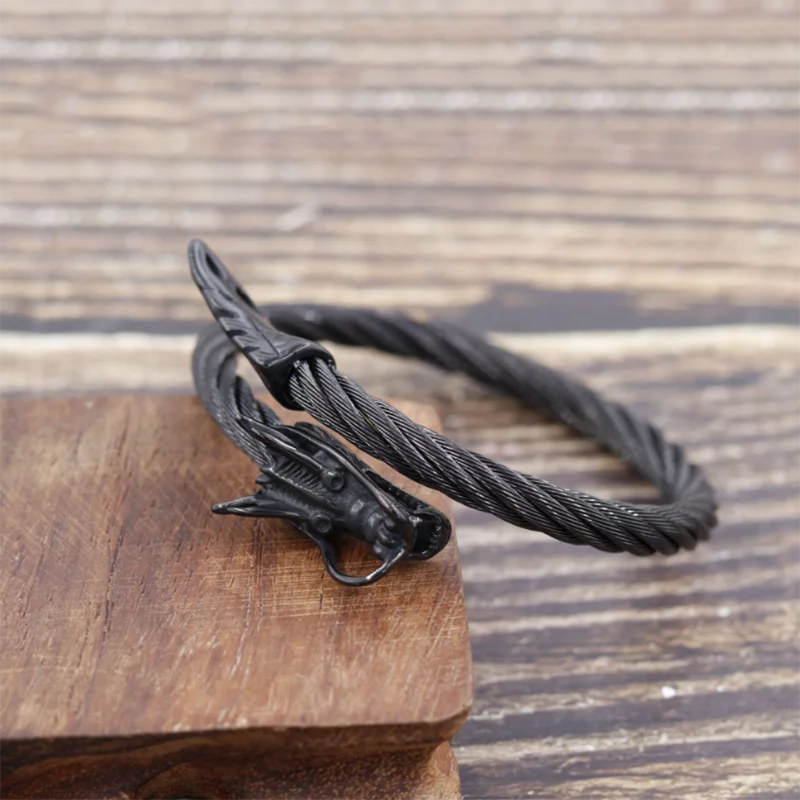 MKENDN Men Punk Viking Black Dragon Bangles Non-fading Stainless Steel Bracelet Vintage Open Cuff Charm Jewelry Norse Jewelry