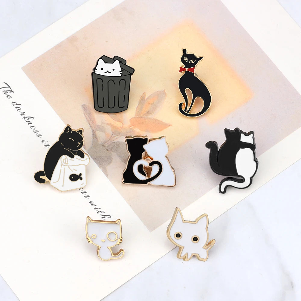 Cat Lover Collection Brooches Cute White Black Cat Badges Pins Sleepy Hug Kitty Enamel Pins Coat Hat Animal Decoration Jewelry