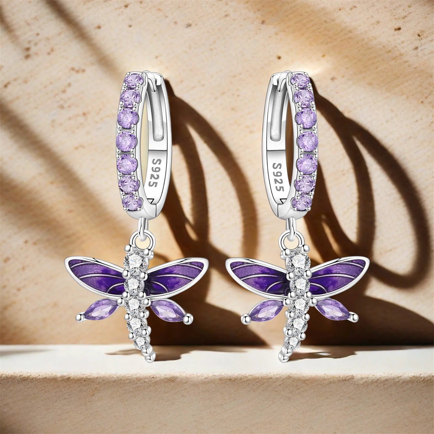 PANPOKI 925 Sterling Silver Purple Zircon Dragonfly Insect Drop Earrings Women Earrings Charm Versatile Party Jewelry Gifts