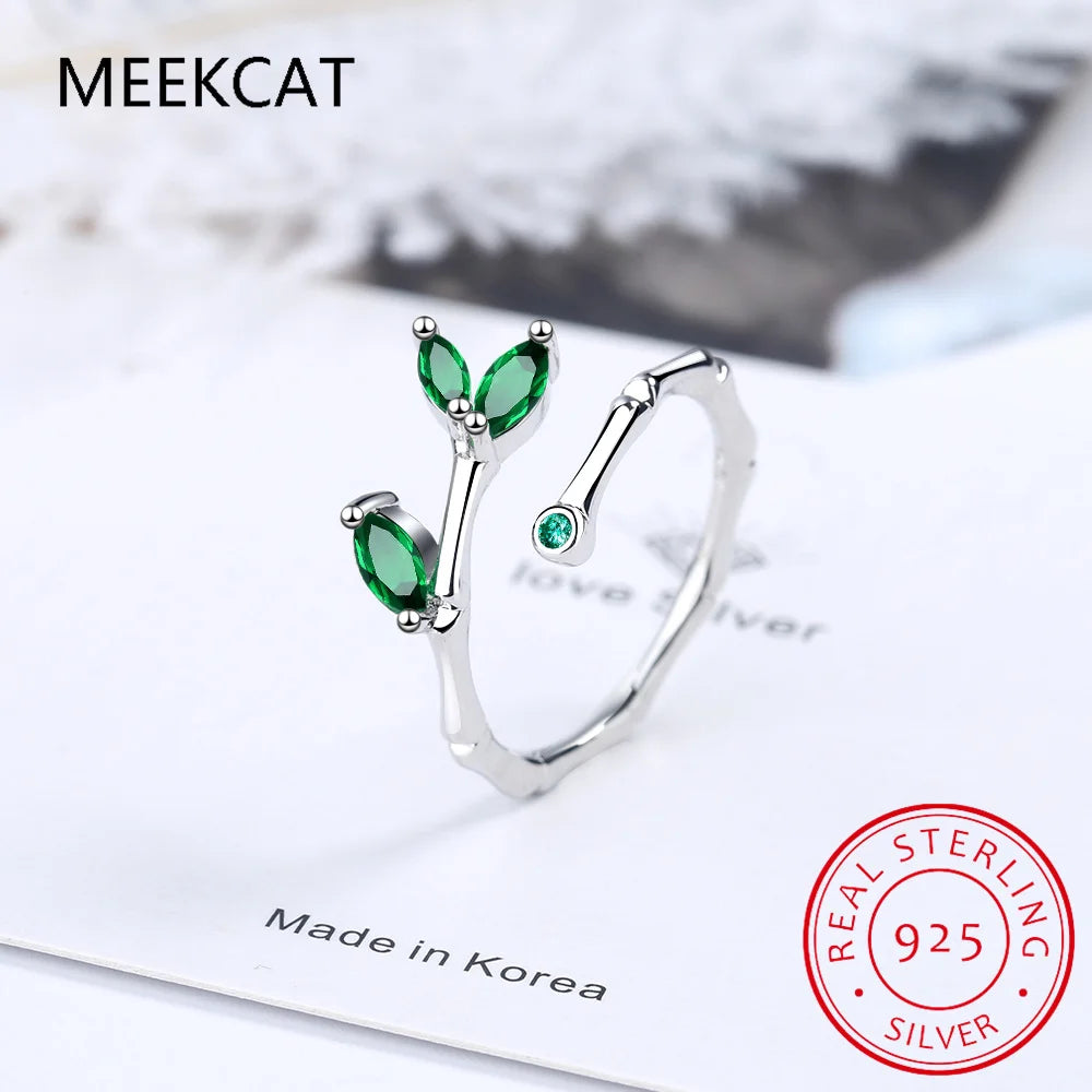 Leaves Simulated Nano Emerald 925 Sterling Silver Slub Open Ring for Women Statement Green Gemstone Fine Jewelry Anillos