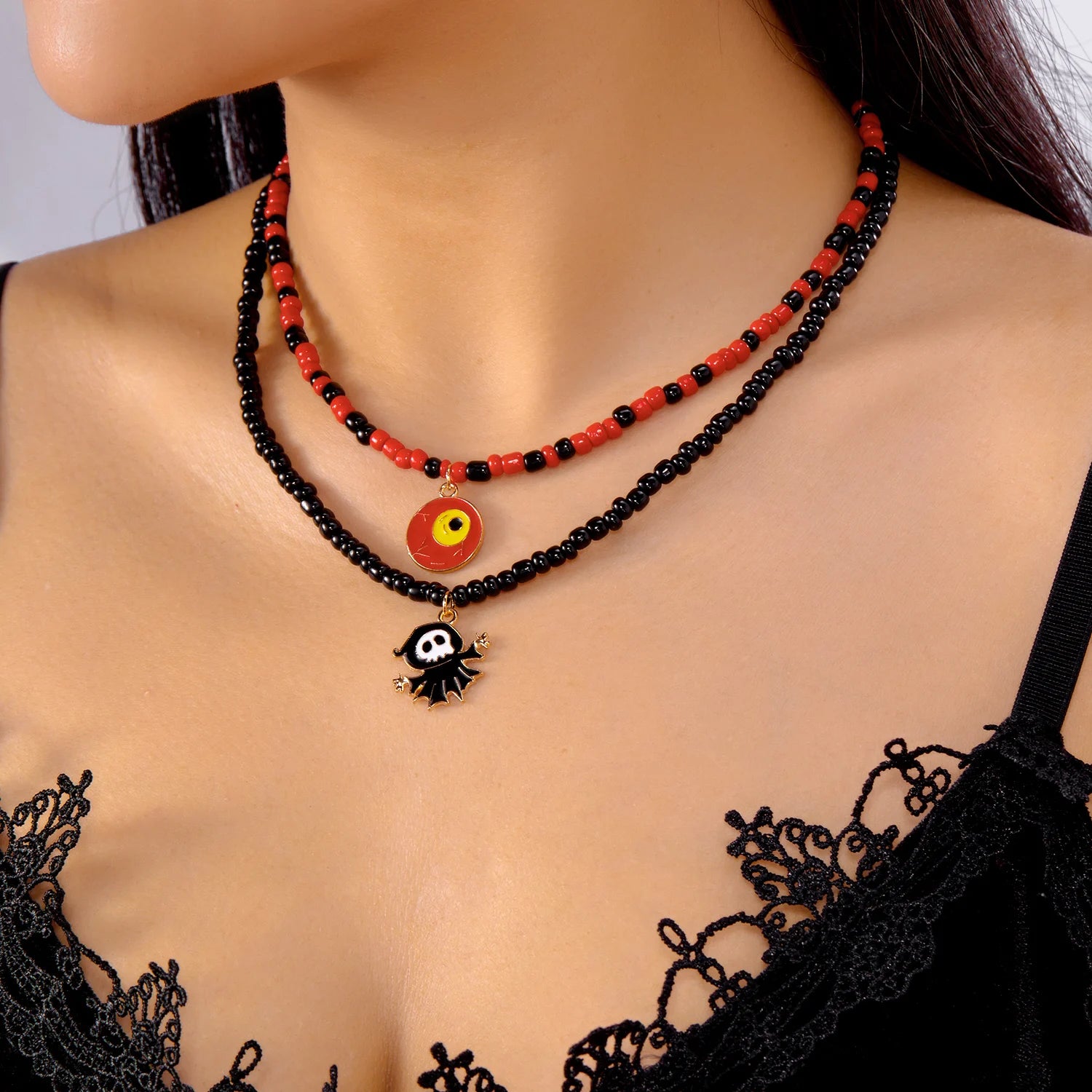 Halloween Mixed Color Rice Beads Necklace for Women Ghost Pumpkin Skull Black Bat Pendant Beaded Clavicle Choker Party Jewelry