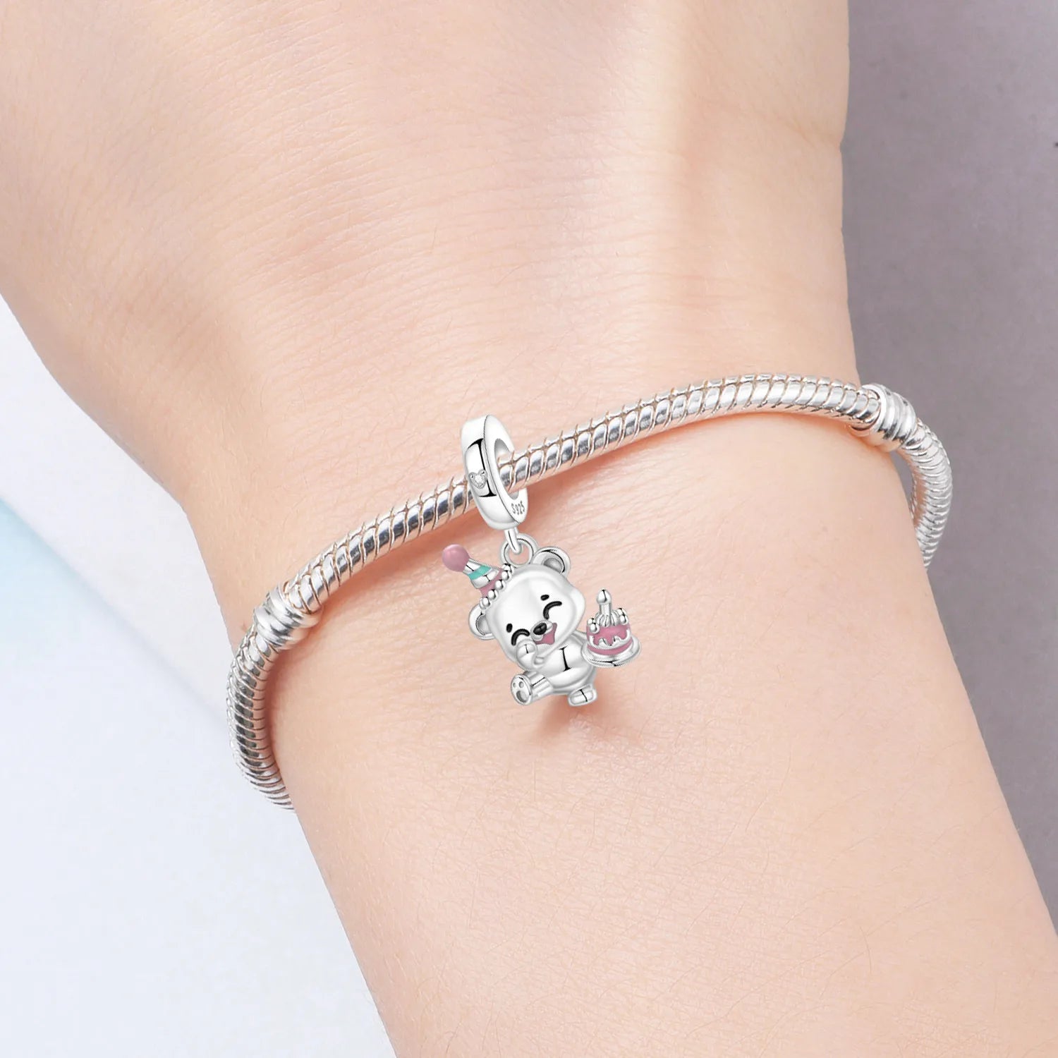 PANPOKI 925 Sterling Silver Cute Cake Birthday Teddy Bear Beads Original Pendants Charm Jewelry DIY Necklace Bracelet Fine Gift