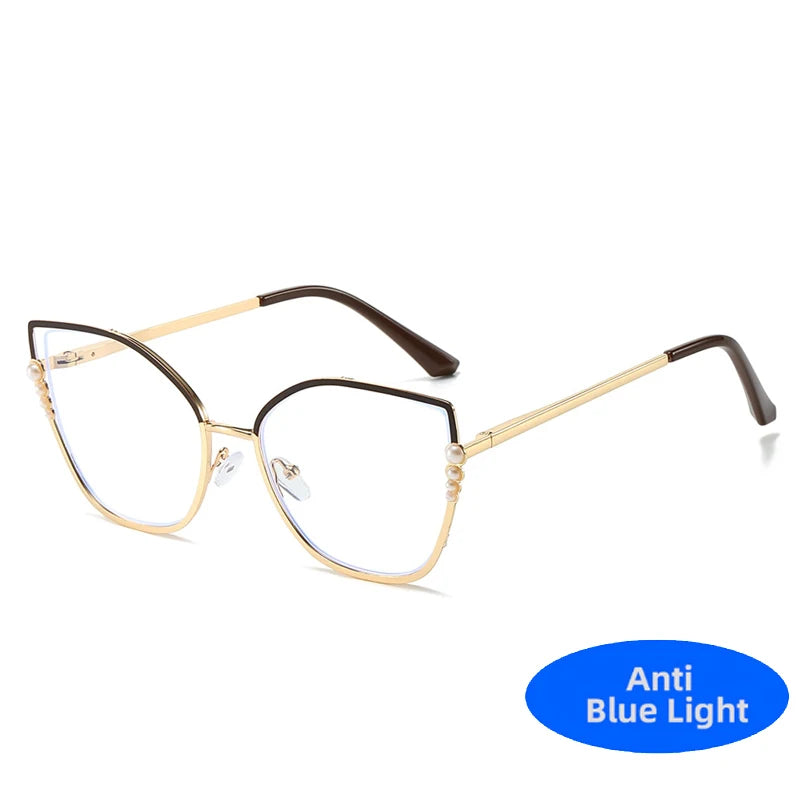 High Quality Metal Computer Glasses Frame Women Men Anti Blue Light Pearl Cat Eye Eyewear Blocking Optical Spectacle Eyeglass
