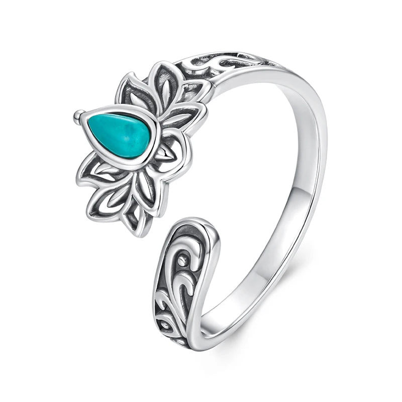 WOSTU Vintage 925 Sterling Silver Turquoise Lotus Open Ring For Women, Handmade Adjustable rings Boho Ethnic Statement  Jewelry