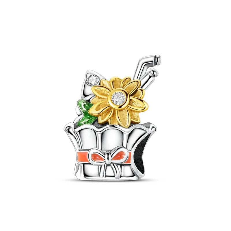 925 Sterling Silver Golden Charms CZ Zirconium Luggage Cross Traveling Dangle Bracelet DIY Jewelry Gifts for Women