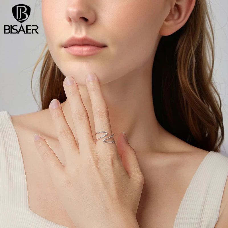 BISAER 925 Sterling Silver Double Cross Open Ring Minimalist Stackable Eternity Band for Women Party Fine Jewelry ECR1159-E