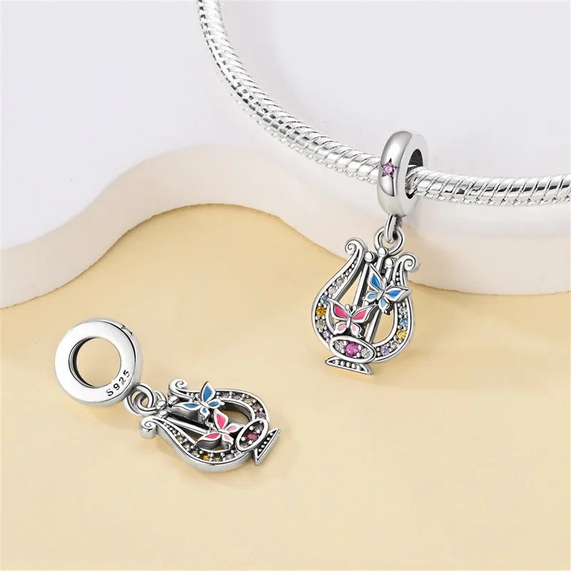 Romantic Music Charms Beads 925 Sterling Silver Piano Violin Red Guitar Punk Saxophone Pendants Fit Qikaola Bracelet DIY Jewelry