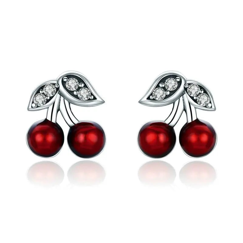 WOSTU 925 Sterling Silver Cherries Earring Strawberry Piercing Red Apple Banana Fruit Cute for Women Birthday Daily Fine Jewelry