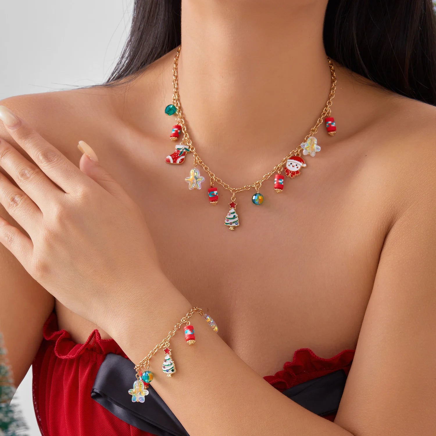 Exquisite Christmas Necklace Bracelet Set For Women Golden Chain Snowflake Santa Claus Elk Xmas Tree Jewelry Party Festival Gift