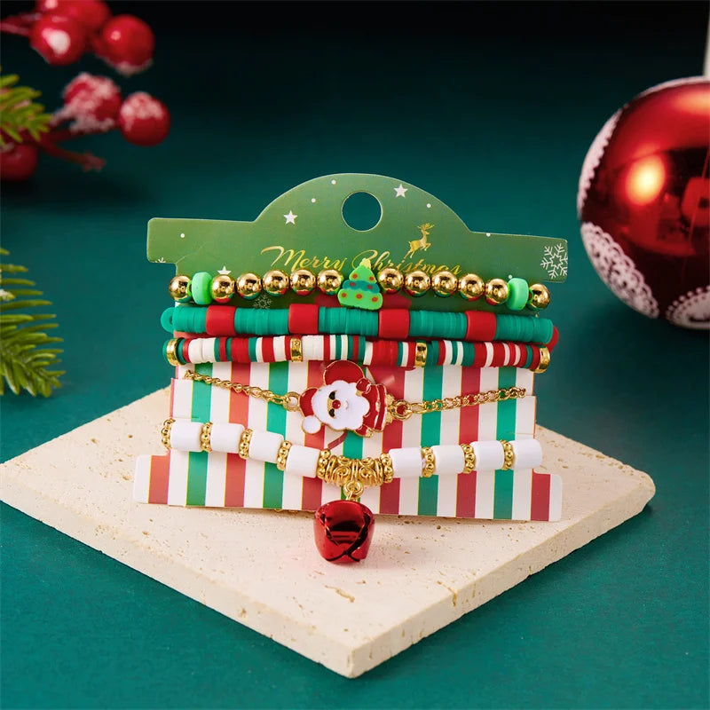 5Pcs Multilayer Beaded Bracelet Set For Women Multicolor Rice Beads Christmas Tree Santa Claus Snowman Bangle New Year Jewelry