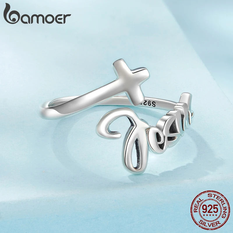 BAMOER 2025 Solid 925 Sterling Silver Cross Ring, Faithful Jesus Cross Fashion Adjustable Band Ring for Women SCR1123-E
